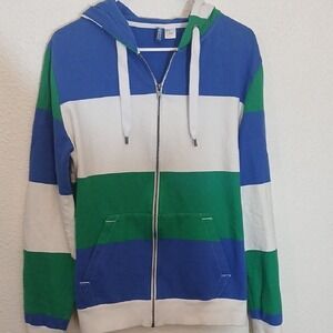 Make Offer Divided Blue and Green Zip Up Sweater with Colorblock Design